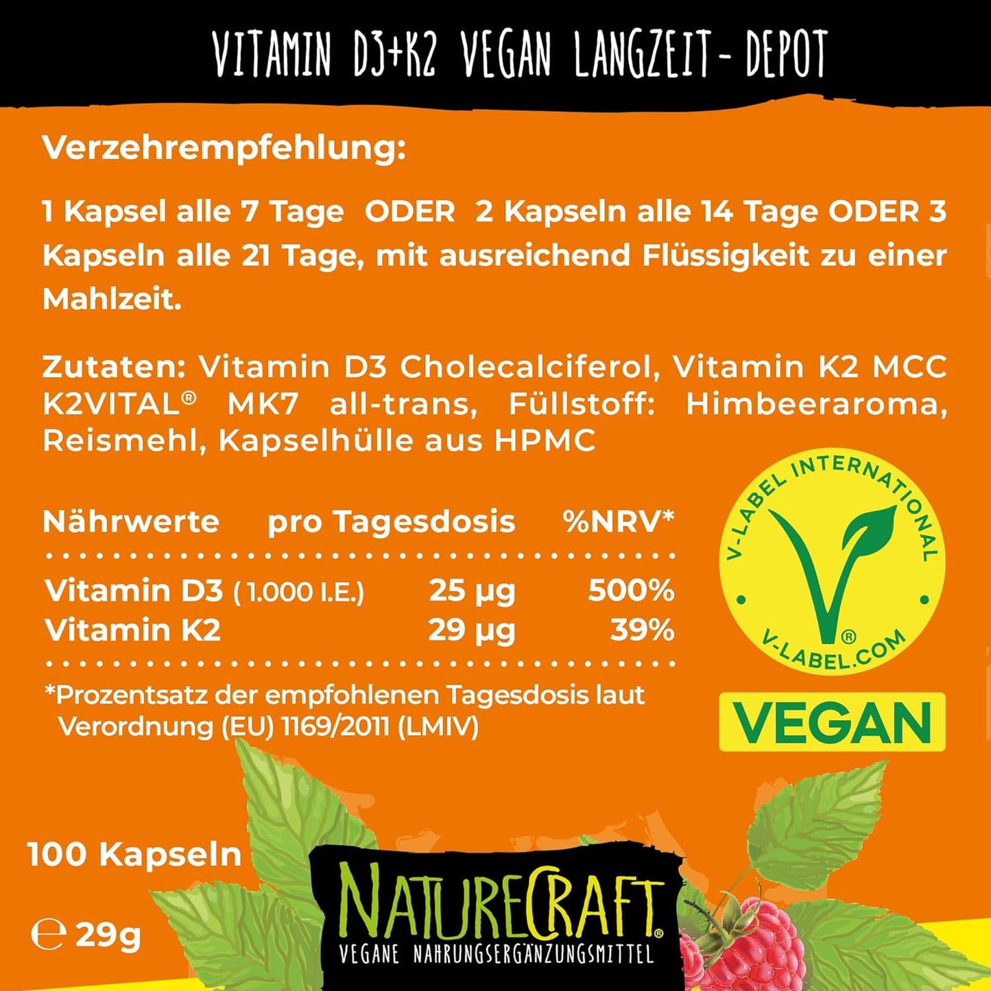 Vitamin D3 + K2 Depot mit 1000 I.E. pro Tagesdosis - Einnahme alle 7 bis 21 Tage, 1-3 Kapseln Vitamin D + K2 Vital MK7 All Trans, vegan, hochdosiert - 1 Dose (100 Kapseln) reicht für 2 Jahre