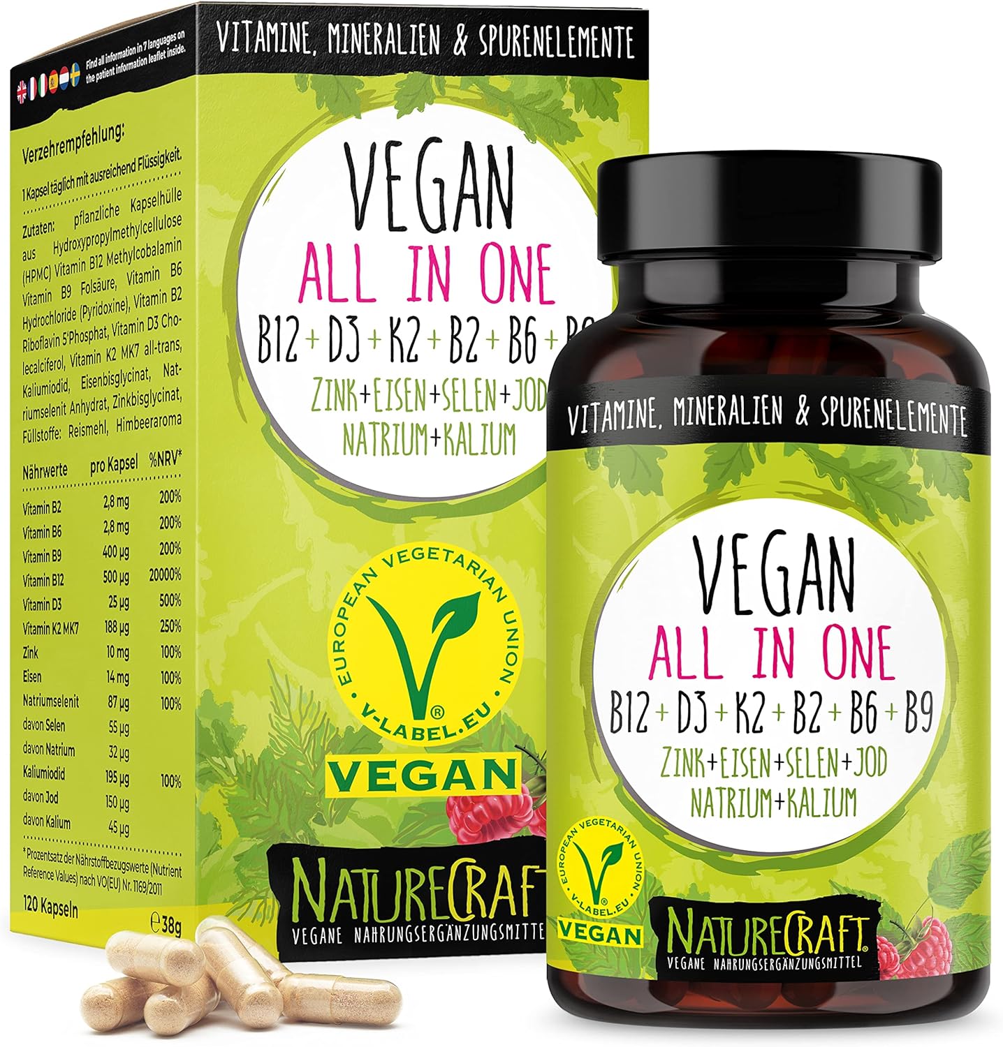 Vegan All-in-One - Vitamin B12+D3+K2+B2+B6+B9 Folsäure + Zink + Eisen + Selen + Natrium + Kalium + Jod - Komplex mit 120 Kapseln (4 Monats-Vorrat)