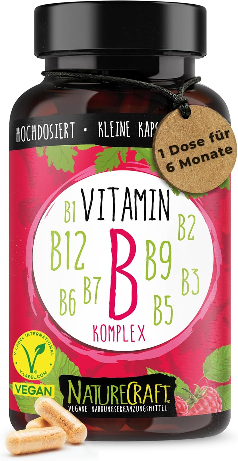 Vitamin B-Komplex - B1 + B2 + B3 + B5 + B6 + B7 + B9 + B12 fuer Erwachsene, vegan, hochdosiert - 180 Kapseln (6 Monats-Vorrat)