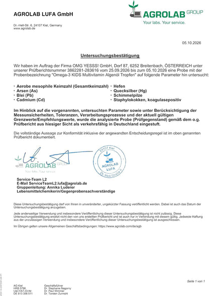 Omega-3 KIDS Algenöl Tropfen für Kinder mit DHA & EPA + D3, K2, C, A & E