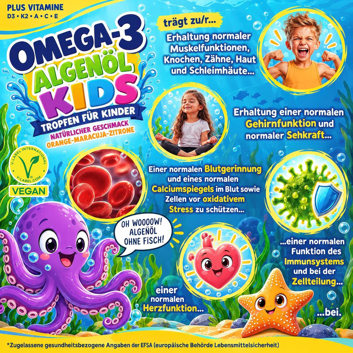 Omega-3 KIDS Algenöl Tropfen für Kinder mit DHA & EPA + D3, K2, C, A & E