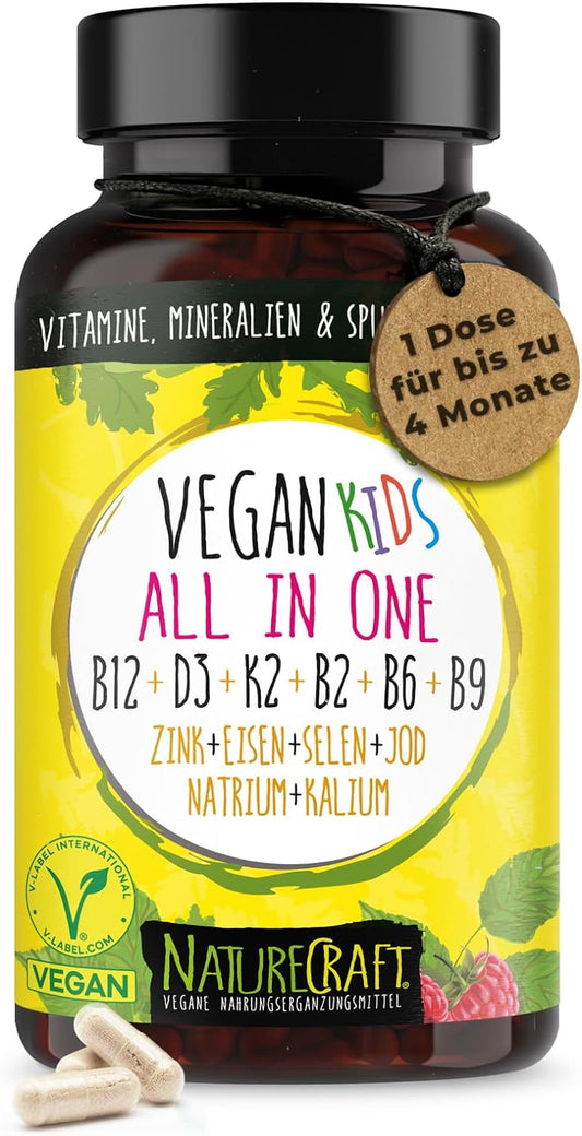 Vegan Kids All-in-One - Vitamin B12+D3+K2+B2+B6+B9 Folsäure + Zink + Eisen + Selen + Natrium + Kalium + Jod - Komplex für Kinder mit 120 Kapseln (max. 4 Monats-Vorrat)…