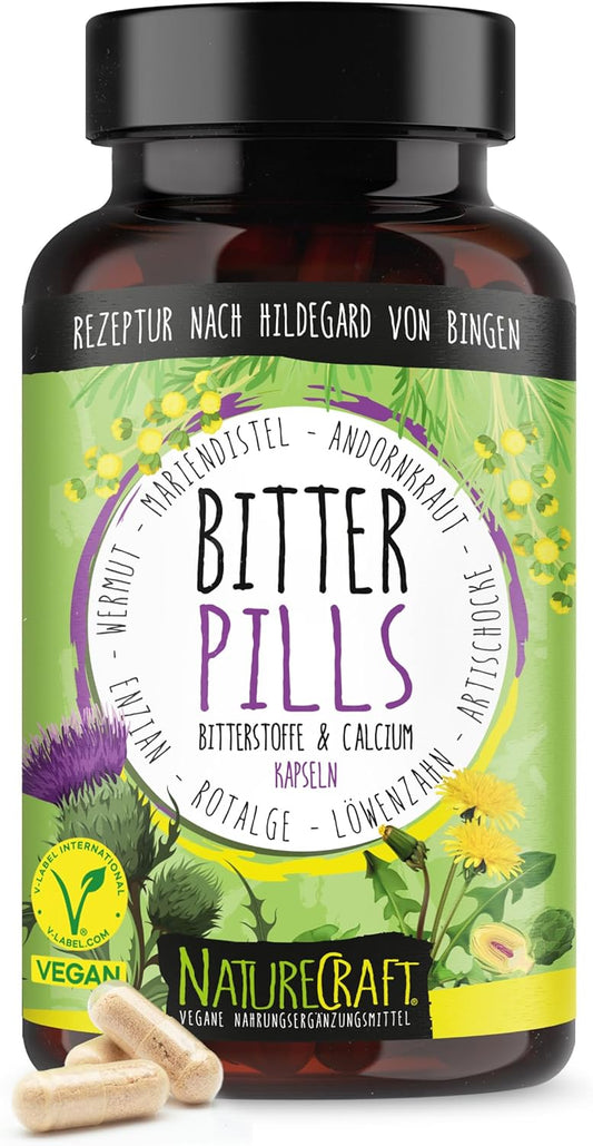 Bitter Pills - Bitterstoff Kapseln mit Calcium aus der Rotalge + Mariendistel + Löwenzahn + Artischocke + Enzian + Andorn + Wermut - vegan, hochdosierte Rezeptur nach Hildegard von Bingen, 90 Kapseln