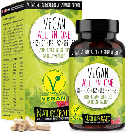 Vegan All-in-One - Vitamin B12+D3+K2+B2+B6+B9 Folic Acid + Zinc + Iron + Selenium + Sodium + Potassium + Iodine - Complex with 120 capsules (4 month supply) 